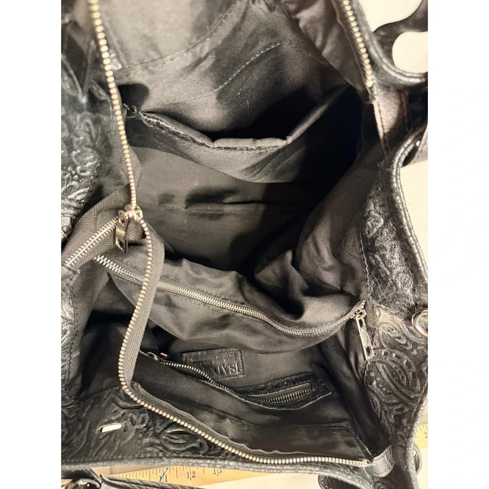 Isadora Italy Black Embossed Floral Leather Hobo Bag Slouchy Shoulder Tote Large